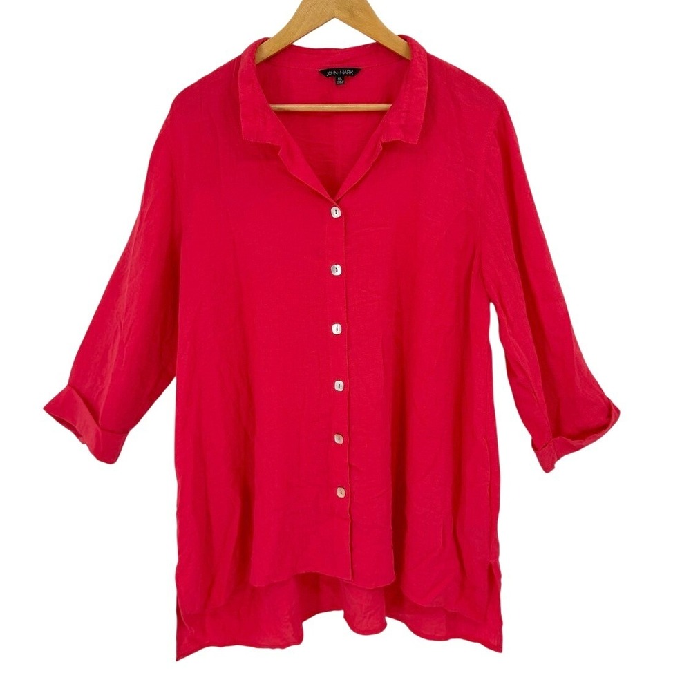 John Mark Womens XL Button Down Shirt 3/4 Sleeve Tunic Blouse Lagenlook‎ Coastal